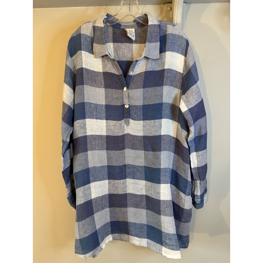 MATCH‎ POINT Linen Blue Plaid Tunic Dress L Lagenlook Beach